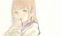  1girl bad_drawr_id bad_id blue_eyes blue_sailor_collar brown_hair cardigan closed_mouth copyright_request covering_own_mouth hand_on_own_arm hand_over_own_mouth hands_up long_hair long_sleeves looking_at_viewer portrait sailor_collar simple_background sleeves_past_wrists solo white_background yellow_cardigan yoplait 
