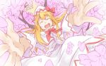  1girl artist_name blonde_hair bow cherry_blossoms closed_eyes dated dress flower lily_white long_hair oniku_(o_ni_q) open_mouth outstretched_arms ribbon smile solo touhou 