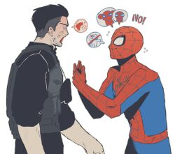  2boys absurdres animal_print arguing black_hair black_shirt bodysuit bulletproof_vest commentary_request cowboy_shot emoji english_text facial_hair facing_another from_side gun handgun highres korean_commentary long_sleeves marvel multicolored_bodysuit multiple_boys peter_parker print_bodysuit shark_pooshung shirt sleeves_rolled_up speech_bubble spider-man spider-man:_brand_new_day spider-man_(series) spider_print spider_web_print superhero_costume sweat talking the_punisher_(character) two-tone_bodysuit undercut weapon white_background 