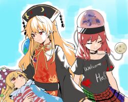  3girls american_flag_dress bare_shoulders belt black_choker black_hat blonde_hair blue_background bow bowtie breasts chain chinese_clothes chinese_commentary choker closed_eyes closed_mouth clothes_writing clownpiece collarbone commentary_request crescent dalachi_(headdress) dress earth_(ornament) floral_print green_skirt grey_belt grey_dress grey_shirt hair_between_eyes hand_up hat heart heart_print hecatia_lapislazuli highres jester_cap junko_(touhou) long_hair long_sleeves looking_at_another looking_down looking_up lunar_invader_trio_(touhou) lying lying_on_person maisuiren mandarin_collar medium_breasts medium_hair moon_(ornament) multicolored_skirt multiple_girls neck_ruff off-shoulder_shirt off_shoulder on_back orange_bow orange_bowtie orange_hair plaid_clothes plaid_skirt polka_dot pom_pom_(clothes) purple_hat purple_skirt red_eyes red_hair red_skirt shirt short_sleeves silver_chain simple_background sitting skirt sleeping smile star_(symbol) star_print striped_clothes striped_dress t-shirt tabard touhou underworld_(ornament) wide_sleeves 
