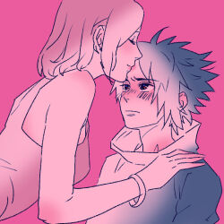  1boy 1girl black_eyes black_hair boruto:_naruto_next_generations boruto_(series) bracelet breasts closed_eyes commentary_request haruno_sakura jewelry kiss kissing_forehead medium_breasts medium_hair naruto_(classic) naruto_(series) okamine_yuiko pink_background pink_hair time_paradox uchiha_sasuke 