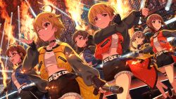  6+girls :d :o ahoge belt blowing_kiss blunt_bangs brown_hair chain character_request choker closed_mouth denim_shorts denim_skirt fingerless_gloves fire from_below fukuda_noriko glasses gloves hair_ornament hairclip hakozaki_serika hand_up hands_up holding holding_microphone ibuki_tsubasa idolmaster_million_live!_theater_days letterman_jacket long_sleeves looking_to_the_side microphone midriff navel official_art one_eye_closed pink_eyes short_hair smirk stretch stretching twintails v-shaped_eyebrows wink 