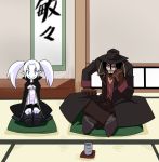  1boy 1girl beard black_hair cape chin_rest facial_hair gloves hands_on_lap hat indian_style kansuke_(bubuduke) long_coat mustache no_shoes seiza sennen_sensou_aigis sitting smile twintails vincent_(sennen_sensou_aigis) wall_scroll white_hair white_skin 