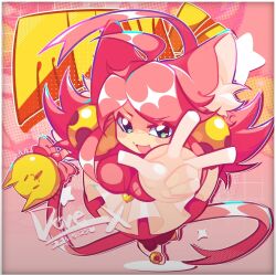  1girl add145835 ahoge animal_ears bell bell_ear_ornament cat_ears cat_girl cat_tail deltarune footwear_bell gold_bell green_eyes hair_bell hair_ornament heart heart_locket heart_necklace heart_pendant holding holding_wand jewelry locket mad_mew_mew necklace pendant pink_background pink_frills pink_hair pink_theme solo tail tutu utdr_(toby_fox) wand 