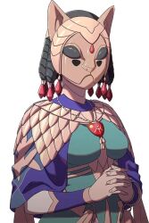  1girl black_hair breasts cat_mask dark-skinned_female dark_skin dress fire_emblem fire_emblem:_fortune's_weave green_dress hair_ornament jewelry kusakihara_toshiyuki mask medium_breasts necklace official_art orchel_(fire_emblem) own_hands_together solo tassel tassel_hair_ornament third-party_source 