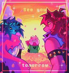  1boy 1girl 1other absurdres ahoge armlet armor blue_hair blue_skin colored_skin deltarune english_text freckles goat_boy green-framed_eyewear heart heart_print highres jewelry long_hair mihych pink_hair pink_scarf pink_skin ralsei red_eyes round_eyewear scarf spiked_armlet sunset utdr_(toby_fox) white_fur 