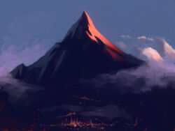 amy_forest city_lights clouds commentary dawn highres mountain no_humans original outdoors painterly scenery sky star_(sky) starry_sky_background 