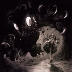  1girl blood blurry child claws clenched_hands collarbone commentary_request crying crying_with_eyes_open dark depth_of_field dress full_body glowing glowing_eyes highres horror_(theme) jun_(navigavi) long_hair looking_at_another looking_back monochrome monster nosebleed open_mouth original reaching reaching_towards_another running shirt shoes short_sleeves skirt socks tears teeth tongue tongue_out twintails variant_set 