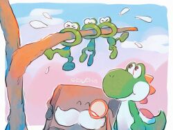  >_< branch colored_skin facial_hair flying_sweatdrops glubbit green_skin hanaon highres looking_at_another looking_up monocle mr._e_(yoshi) mustache outdoors smile super_mario_bros. yoshi yoshi_and_the_mysterious_book 