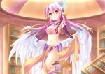  1girl :d absurdres angel_wings blush book bookshelf breasts chrisandita feathered_wings flying gloves gradient_hair highres jibril_(no_game_no_life) library looking_at_viewer mismatched_legwear multicolored_hair no_game_no_life open_mouth orange_eyes pink_hair purple_legwear shiny shiny_skin sideboob smile white_wings wings 