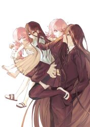  2boys 2girls aged_down black_hair black_jacket black_pants black_thighhighs brown_dress brown_hair collared_shirt danganronpa_(series) danganronpa_3_(anime) dress dual_persona flipped_hair formal_clothes hair_between_eyes hair_ornament highres hug jacket kamukura_izuru long_hair long_sleeves medium_hair multiple_boys multiple_girls nanami_chiaki necktie open_clothes open_jacket pants pleated_skirt red_eyes sandals shirt skirt thigh-highs white_shirt yechan-i zettai_ryouiki 
