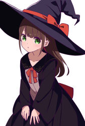  1girl black_cloak black_hat bow brown_hair cloak collarbone dot_nose green_eyes hands_on_own_legs hat highres hitoribocchi_no_marumaru_seikatsu honshou_aru katsuwo_(cr66g) long_hair long_sleeves looking_at_viewer neck_ribbon official_artist_extra ponytail red_bow red_ribbon ribbon simple_background white_background witch witch_hat 