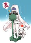  2girls ahoge claws detached_sleeves directional_arrow dress horn horns kantai_collection kobone long_hair mittens multiple_girls northern_ocean_hime open_mouth seaport_hime shinkaisei-kan surprised weighing_scale weight_conscious white_dress white_hair white_skin 
