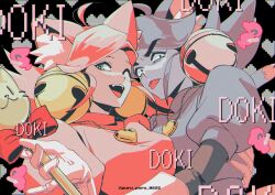  2girls absurdres ahoge animal_ear_fluff animal_ears black_background black_eyes cat_ears cat_girl colored_skin deltarune dummy_(undertale) ghost_pink_(deltarune) green_eyes grey_hair grey_skin heart heart_necklace highres holding holding_staff jewelry mad_mew_mew multiple_girls necklace one_eye_closed open_mouth pink_hair staff tachibana_(church111) thick_eyebrows tongue tongue_out twitter_username utdr_(toby_fox) 