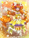  1girl :d amanogawa_kirara boots brown_hair cure_twinkle earrings gloves go!_princess_precure hanzou jewelry jumping long_hair low-tied_long_hair magical_girl multicolored_background multicolored_hair open_mouth outstretched_hand precure quad_tails redhead skirt smile solo star star_earrings streaked_hair thigh-highs thigh_boots twintails two-tone_hair violet_eyes white_legwear 
