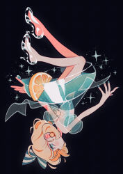  1girl black_background blonde_hair blue_dress blue_nails blush closed_mouth commentary_request dress earrings food-themed_earrings full_body green_eyes high_heels highres jewelry lemon_earrings nail_polish oharu-chan original see-through_clothes see-through_footwear see-through_sleeves short_hair short_sleeves smile solo sparkle toenail_polish toenails upside-down 