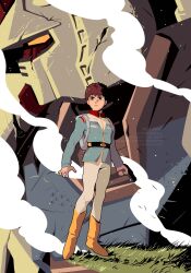  1boy amuro_ray blue_shirt boots earth_federation gundam highres jacoline long_sleeves meadow military_uniform mobile_suit mobile_suit_gundam pants red_hair robot rx-78-2_gundam science_fiction shirt smoke translated upper_body v-fin white_pants yellow_boots yellow_eyes 