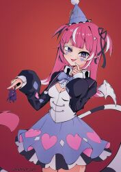  1girl absurdres bat_wings black_streaks blunt_bangs bow bowtie breasts camila_inpu camila_inpu_(cami_3.0) cimp_(camila_(vtuber)) collar cowboy_shot dangling diamond_print facial_mark frilled_collar frills hat heart heart_print highres indie_virtual_youtuber leotard long_hair looking_at_viewer mini_wings mismatched_eyebrows multicolored_hair multicolored_skirt multicolored_tail open_mouth party_hat pink_hair purple_bow purple_bowtie purple_hat red_background ribbon simple_background skirt sleeve_cuffs sleeves_past_fingers sleeves_past_wrists small_breasts smirk solo streaked_hair tail thighs triangle triangle_facial_mark two_side_up virtual_youtuber white_leotard white_streaks wings yioyiot_art 