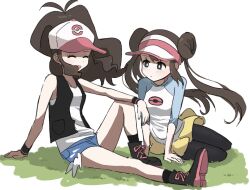  2girls :d antenna_hair black_boots black_pantyhose black_socks black_vest blue_shorts boots brown_hair closed_eyes commentary_request ddakji_0025 double_bun eyelashes grass hair_bun highres hilda_(pokemon) korean_commentary long_hair multiple_girls open_clothes open_mouth open_vest pantyhose pokemon pokemon_black_2_and_white_2 pokemon_black_and_white raglan_sleeves rosa_(pokemon) shirt short_shorts shorts sidelocks sitting sleeveless sleeveless_shirt smile socks twintails vest visor_cap white_shirt wristband yellow_shorts 