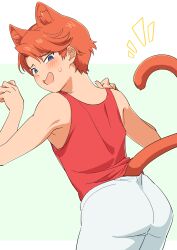  1boy animal_ears ass blue_eyes blush cat_boy cat_ears cat_tail commentary_request embarrassed extra_ears from_behind green_background gundam gundam_seed hands_up highres kamuraaa_615 looking_at_viewer looking_back male_focus notice_lines open_mouth orange_hair orange_tail pants paw_pose red_hair shirt short_hair simple_background solo sweatdrop tail tank_top white_pants 