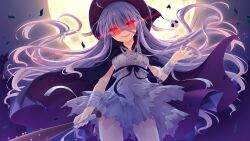  1girl bandaged_arm bandages baseball_bat black_cape black_hat blue_ribbon breasts bubble_skirt cape center_frills cowboy_shot crescent_mouth dark_persona dress evil_smile eye_trail farnese_atlas floating_cape floating_hair frills game_asset glowing glowing_eyes hand_up hat highres holding holding_baseball_bat hoshi_furu_yoru_no_farnese impossible_clothes jacket light_trail long_hair looking_at_viewer medium_breasts miniskirt moon night non-web_source red_eyes ribbon ribbon_trim self-datamine shirt sidelocks skirt skull sleeveless smile solo spread_fingers standing torn_clothes torn_skirt white_dress white_hair white_shirt witch_hat yukie_(peach_candy) 