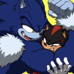  black_fur blue_fur choke_hold clenched_teeth commentary english_commentary fangs hedgehog_boy highres looking_at_another looking_to_the_side m_1k4ng open_mouth shadow_the_hedgehog smile sonic_(series) sonic_the_hedgehog sonic_the_werehog strangling teeth werehog yellow_background 