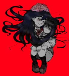  absurdres black_hair black_socks brain closed_eyes exposed_brain highres hug mari?_(omori) mari_(omori) neckerchief omori prehensile_hair red_background shoes sicklysirloin socks 