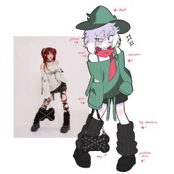  1boy alternate_costume animal_ears bag black_bag black_leg_warmers black_shoes black_shorts bone-shaped_bag commentary deltarune english_commentary furry furry_male glasses goat_ears green_hat green_sweater hat highres holding holding_bag kharxsho leg_warmers male_focus off-shoulder_sweater off_shoulder photo-referenced photo_inset pink_eyes pink_scarf platform_shoes ralsei reference_inset round_eyewear scarf shoes shorts solo sweater uneven_eyes utdr_(toby_fox) 