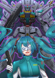  1girl aqua_eyes beam_rifle commentary_request cosplay crossover energy_gun eye_mask eye_trail gloves glowing glowing_eyes gun gundam gundam_seed hair_ornament handgun hatsune_miku holding holding_energy_gun holding_gun holding_weapon light_trail long_hair mask mecha mecha_pilot_suit mobile_suit normal_suit_(gundam) providence_gundam rau_le_creuset rau_le_creuset_(cosplay) robot science_fiction teeth twintails v-fin vocaloid weapon white_gloves yts480_tea 