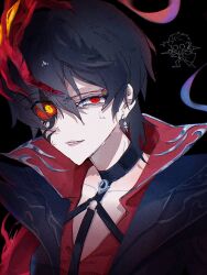  1girl black_hair choker coat collar colored_sclera demoncursed_vayne earrings facial_mark half-closed_eye heterochromia jewelry league_of_legends lips locke_(league) looking_at_viewer red_eyes red_sclera shirt simple_background sweatdrop tara_zeti vayne_(league) wolf_cut 