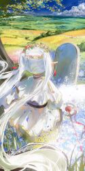  1girl absurdres black_pantyhose capelet chinese_commentary commentary_request earrings elf field floating_earrings floating_hair flower flower_field frieren from_behind grey_hair head_wreath highres jewelry koi_hh long_hair mage_staff pantyhose pointy_ears simple_bird skirt solo sousou_no_frieren staff tombstone twintails white_capelet white_skirt 