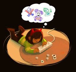  1other absurdres aged_down black_background brown_hair card commentary deltarune dice english_commentary green_shirt highres horns kris_(deltarune) magentasnail pippins_(deltarune) playing_card power_strip ramb_(deltarune) red_horns rudinn_(deltarune) shaded_face shirt single_horizontal_stripe speech_bubble striped_clothes striped_shirt thought_bubble utdr_(toby_fox) 