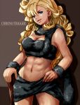  1girl abs ayla_(chrono_trigger) bandeau blonde_hair blue_eyes bracelet breasts caveman chrono_trigger cleavage club copyright_name curly_hair fur hand_on_hip himasen jewelry long_hair navel open_mouth skirt smile solo weapon 