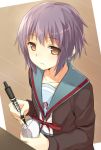  1girl brown_eyes cccpo collarbone expressionless looking_away marker nagato_yuki purple_hair school_uniform serafuku short_hair solo suzumiya_haruhi_no_yuuutsu writing 