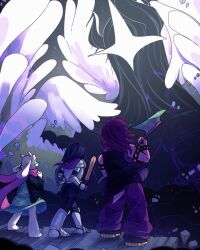  1boy 1girl 1other angel_wings animal_ears armlet armor axe battle_axe black_bodysuit black_jacket black_sleeves blue_capelet blue_hair blue_skin bodysuit bracelet breastplate bugmael capelet colored_skin cuirass darkness debris deltarune feathered_wings fighting_stance floating furry furry_female furry_male gauntlets giant goat_boy goat_ears goat_horns greaves green-framed_eyewear green_robe head_wings highres holding holding_axe holding_shield holding_sword holding_weapon horns interlocked_fingers jacket jewelry kris_(dark_world)_(deltarune) kris_(deltarune) leg_armor light_particles living_shadow mane_ax_(deltarune) multiple_wings one-eyed own_hands_clasped own_hands_together pants pauldrons pink_capelet pink_hair pink_scarf purple_pants purple_scales purple_skin ralsei reptile_girl robe round_eyewear sabaton scarf shield short_tail shoulder_armor sleeveless sleeveless_jacket spiked_armlet spiked_bracelet spikes striped_capelet susie_(dark_world)_(deltarune) susie_(deltarune) sword tail titan_(deltarune) two-tone_capelet umbrakinesis utdr_(toby_fox) weapon white_fur white_wings wide_sleeves wings wood_blade_(deltarune) wooden_floor 