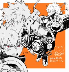  arm_up bakugou_katsuki belt boku_no_hero_academia boots border clenched_teeth collared_shirt commentary_request covered_mouth dated gauntlets gloves highres knee_pads korean_commentary kuun_(god_khunbam) long_sleeves looking_at_viewer multiple_views open_mouth orange_background pants pouch red_eyes scar scar_on_cheek scar_on_face shirt short_hair spiky_hair superhero_costume teeth thigh_pouch twitter_username white_border 