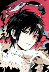  1boy absurdres arms_up black_hair black_jacket copyright_name durarara!! eromkk fur-trimmed_sleeves fur_trim grey_shirt highres jacket knife looking_to_the_side male_focus orihara_izaya own_hands_clasped own_hands_together parted_lips portrait red_background red_eyes ringed_eyes shirt short_hair sideways_glance smile solo twitter_username weapon white_fur 