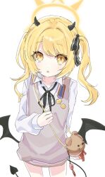  1girl :o alternate_costume bag black_ribbon blonde_hair blue_archive commentary_request cowboy_shot demon_girl demon_horns demon_tail grey_vest halo highres horns ibuki_(blue_archive) long_hair looking_at_viewer medal missing_headwear mrsnanapple neck_ribbon parted_lips ribbon shirt shoulder_bag sidelocks simple_background solo tail twintails vest white_background white_shirt yellow_eyes yellow_halo 