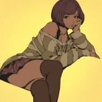  1girl brown_hair chin_rest ilya_kuvshinov jewelry lips long_sleeves necklace off_shoulder original short_hair simple_background skirt solo thigh-highs yellow_background 
