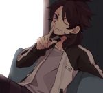  1boy brown_hair fudou_akio grin inazuma_eleven_(series) inazuma_eleven_go inazuma_eleven_go_galaxy jacket long_hair looking_at_viewer male_focus one_eye_closed open_clothes open_jacket saku_anna sitting smile solo 