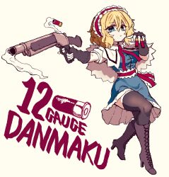  1girl absurdres alice_margatroid ammunition between_fingers blonde_hair blue_dress blue_eyes boots breasts brown_boots brown_gloves brown_thighhighs capelet closed_mouth dress english_text fingerless_gloves frilled_hairband frills full_body gloves gun hair_between_eyes hairband high_heel_boots high_heels highres holding holding_gun holding_weapon lace-up_boots lever_action looking_at_viewer medium_hair rampa93 red_hairband red_sash sash shotgun shotgun_shell simple_background small_breasts solo spin_cocking thigh-highs touhou waist_sash weapon white_capelet winchester_model_1887 yellow_background 