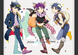  3boys animal_ears blue_hair cat_ears cat_tail dog_ears dog_tail family fox_ears fox_tail hat jojo_no_kimyou_na_bouken jonathan_joestar joseph_joestar_(young) kemonomimi_mode kuujou_joutarou multiple_boys purple_hair sakaumi tail 