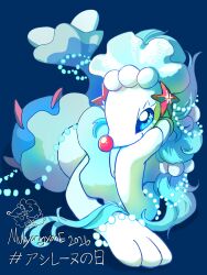  1girl absurdres artist_name blue_eyes blue_hair colored_eyelashes commentary_request furry furry_female gem hair_ornament hand_on_own_face head_rest highres korean_commentary long_hair looking_at_viewer lying mixed-language_commentary mulyongyone on_stomach pearl pokemon pokemon_(creature) primarina smile starfish_hair_ornament white_eyelashes 