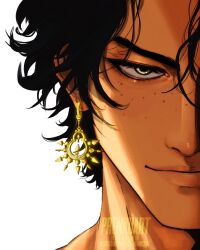  1boy black_hair brown_hair earrings freckles hair_between_eyes highres jewelry looking_at_viewer male_focus one_piece portgas_d._ace portrait prenkuchan short_hair smile sun_earrings white_background 