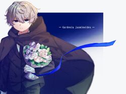  1boy arm_at_side black_cloak black_suit blue_eyes bouquet cloak cowboy_shot esse_series grey_hair highres holding holding_bouquet hood hood_down hooded_cloak kuchinashi_dabi male_focus ptpttakosan pun solo suit 