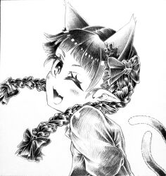  1girl :d ;d absurdres animal_ears blush bow braid cat_ears cat_girl cat_tail commentary extra_ears fang hair_bow highres kaenbyou_rin long_hair looking_at_viewer multiple_tails one_eye_closed pointy_ears sek-it side_braids simple_background skin_fang smile solo tail touhou twin_braids two_tails untranslatable_commentary 