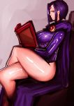  1girl book breasts cape crossed_legs dc_comics large_breasts purple_hair raven_(dc) short_hair sitting solo teen_titans thighs violet_eyes zxc 