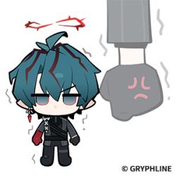  1boy anger_vein arknights arknights:_endfield arm_strap black_pants blue_eyes blue_hair camille_(arknights) chibi chibi_only clenched_hands full_body hair_between_eyes halo jewelry lowres male_focus multicolored_hair official_art pants pointy_ears projected_inset red_hair red_halo streaked_hair trembling turtleneck 