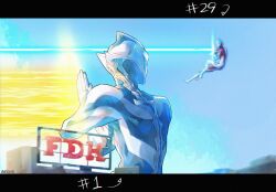  2boys alien artist_name billboard black_skin blue_skin blue_sky blueflame_blue building colored_skin commentary crossed_wrists day dorsal_fin energy_beam from_behind full_body giant giant_male hands_up highres in-franchise_crossover knee_up letterboxed looking_at_another male_focus midair motion_blur multicolored_skin multiple_boys numbered outdoors pectorals pointy_ears red_skin silver_skin sky solo_focus spine tokusatsu toned toned_male turning_head two-tone_skin ultra_beam ultra_series ultraman_arc ultraman_arc_(series) ultraman_teo ultraman_teo_(series) upper_body 