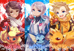  1girl 2boys blanche_(pokemon) blonde_hair blue_eyes brown_eyes brown_hair candela_(pokemon) coat column_lineup dark-skinned_female dark_skin english_text flareon gloves grey_hair holding holding_poke_ball jewelry jolteon looking_at_viewer multiple_boys necklace open_mouth parted_lips poke_ball pokemon pokemon_(creature) pokemon_go ponytail red_gloves spark_(pokemon) team_instinct team_mystic team_valor vaporeon white_coat yellow_gloves zenyu 